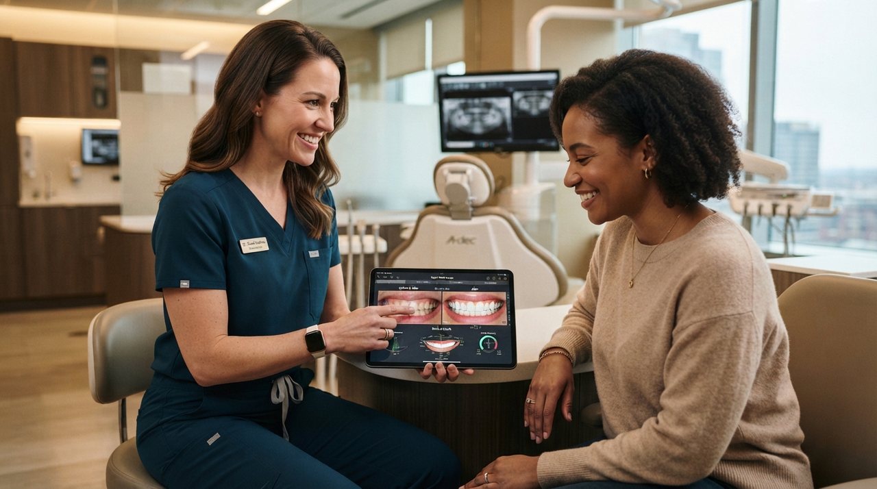 Planejamento digital do sorriso com dentista e paciente